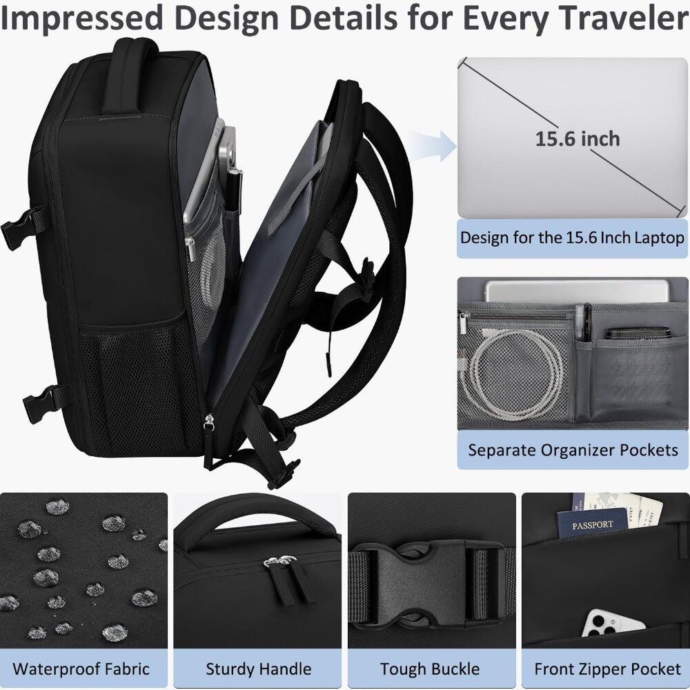 Travel Backpack for Women Men Carry on Flight Approved Lightweight 15.6 Inch Lap - Picture 4 of 6
